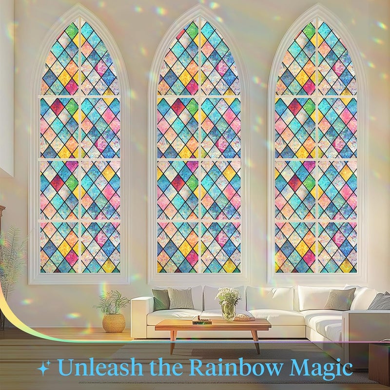 Haton Stained Glass Window Film, Rainbow Window Privacy Film, Decorative Sun Blocking Glass Clings Stickers, Static Cling Colorful Lattice Coverings Decals for Home Door 23.6" x 118.1" - Image 3